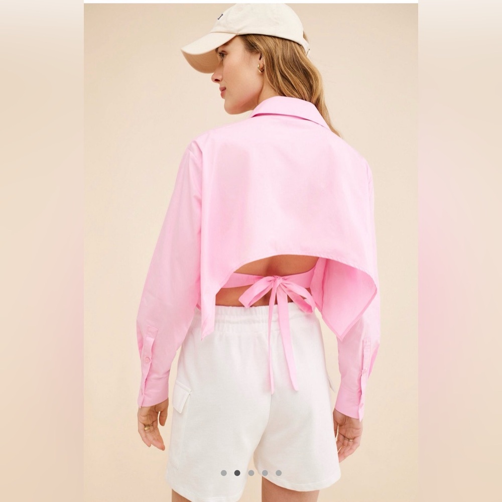 Noisy May Pink Cropped Tie-Back Button Down Shirt